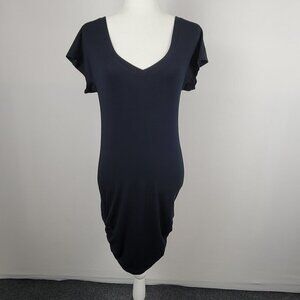 BEBE SPORT Ruched Dress Black Cap Sleeve V-Neck Pencil Stretch Modal Spandex S